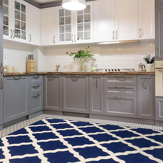 Machine Washable Moroccan Trellis Design Non-Slip Rubberback 5x7 Traditional Indoor Area Rug for Living Room, Bedroom, Dining Room, 5' x 6'6", Navy