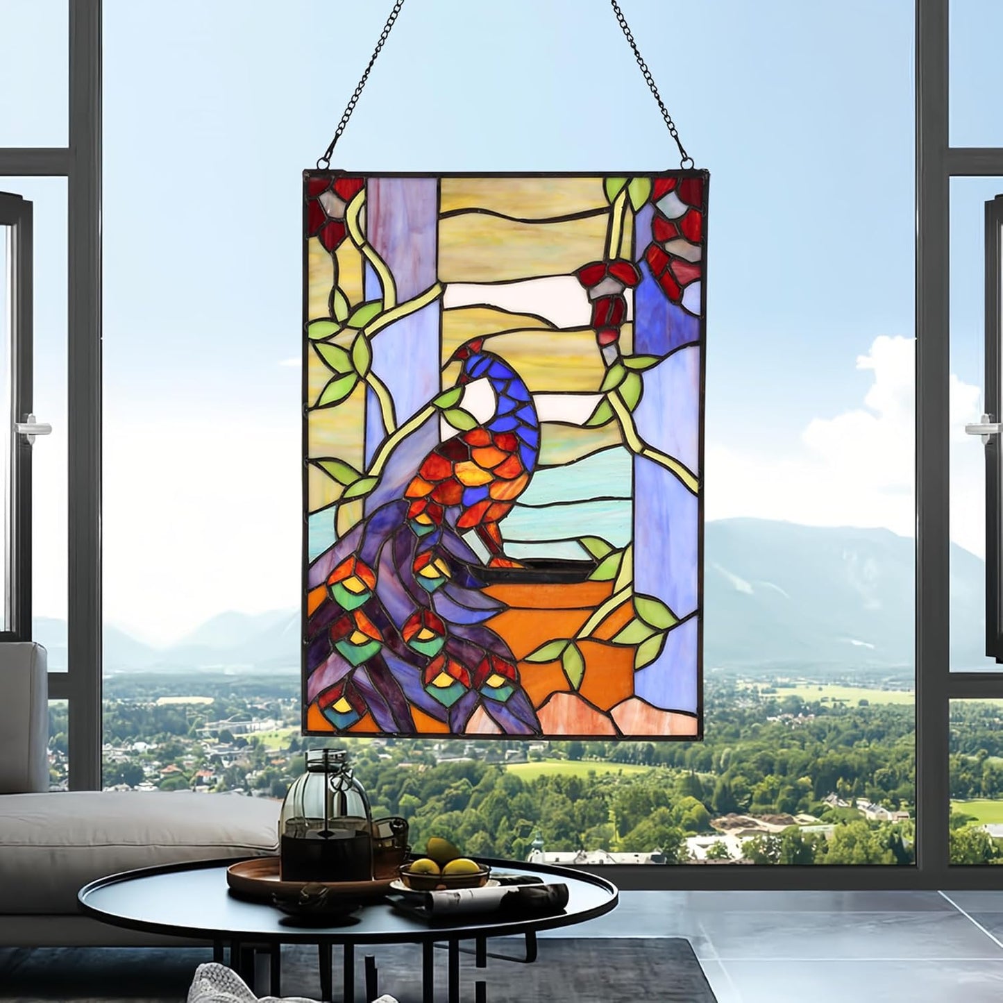 YOURANJU Stained Glass Window Hanging 16" H x 11" W Tiffany Style Rectangular Window Panel Suitable for Living Room Bedroom Kitchen Window Decoration Hangings with Chain (Peacock)