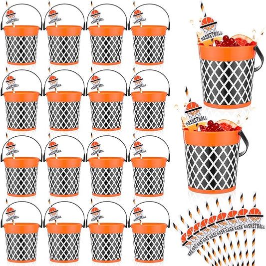 24 Pcs 32oz Basketball Party Favors Rum Buckets Plastic Basketball Cocktail Buckets for Drinks Plastic Ice Pail Bulk with Handle and Straw Reusable Punch Bowls for Drinkware Beer Beverage