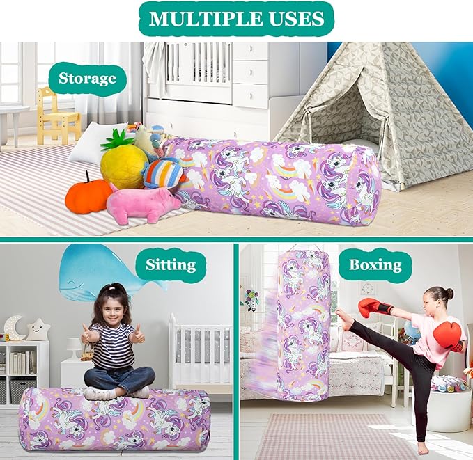 Stuffed Animal Bean Bag Storage Chair for Kids Cover Only (No Filler), Organize, Sit, Play & Boxing, 100% Cotton Canvas Washable, Ultra Soft Cylinder Long Vertical Zipper Best Gift for Child