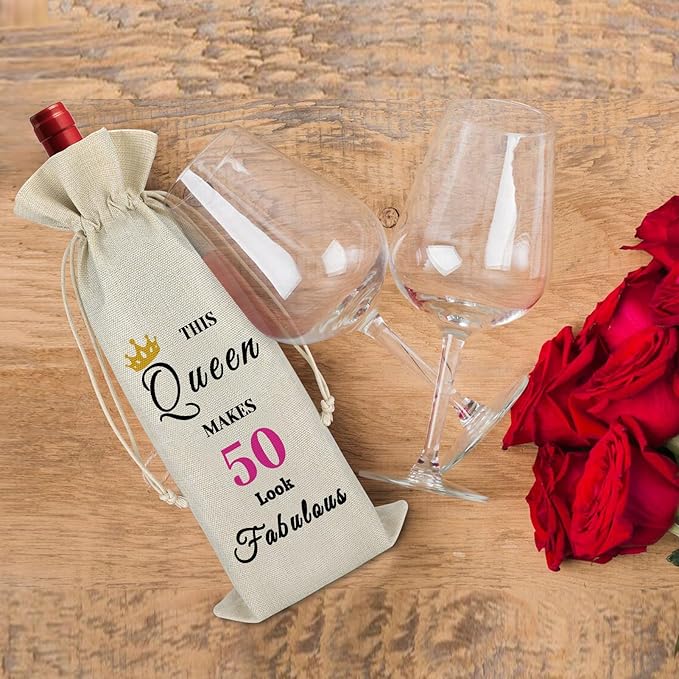 50th Birthday Gift 50 Year Old Gift Wine Bag for Women Party Decor Drawstring Wine Bottle Bag 50th Female Milestone Gift Birthday Mother's Day Christmas Gift for Mom Sister Burlap Wine Cover Bag