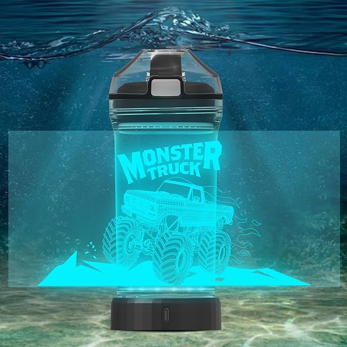 Kids Water Bottle with Monster Truck Design 3D Glowing LED Light-Tritan BPA Free,Perfect for Back-to-School Season, Girls, Boys, Kids, Holiday Camping, Picnic Gifts - 14 oz Travel Mug