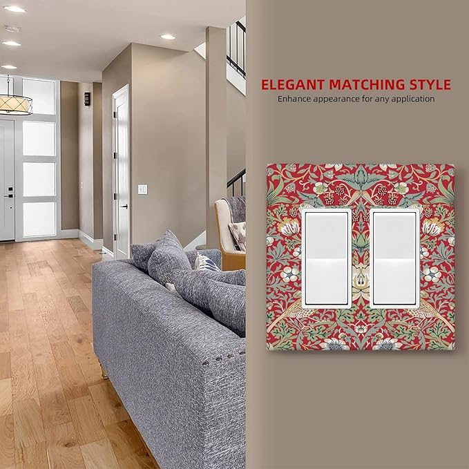 William Morris Strawberry Thief Botanical Red Green 2 Gang Rocker Decora Light Switch Covers Dual Outlet Covers Wall Plate Decorative Switchplate Electrical Faceplate GFCI for Country Bedroom