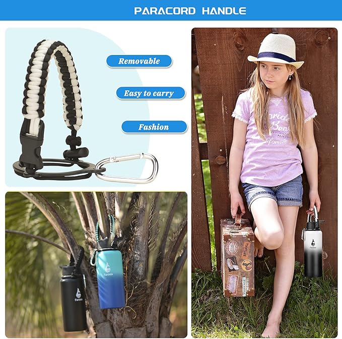 Farsea Insulated Water Bottle with Straw Lid & Spout Lid & Paracord Handle, Stainless Steel Water Bottle Wide Mouth, Double Wall Sweat-Proof BPA-Free, 40 oz, Gradient White + Black
