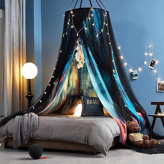 Kertnic Gorgeous Aurora Printed Bed Canopy for Girls & Adults, Room Decorative Cozy Bed Curtain Canopy Drapes, Round Dome Luxurious Lace Princess Canopies Mosquito Netting (Aurora)