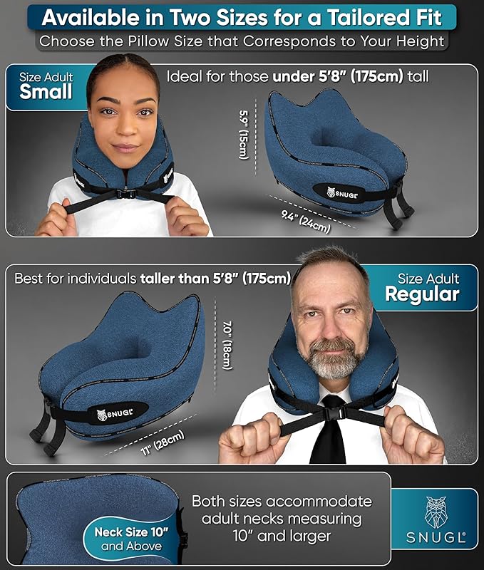 SNUGL Neck Travel Pillow - Memory Foam Airplane Pillow - Flight Pillow | Neck Support Travel Pillow with Carry Bag & Clip | Neck Pillows for Sleeping Travel Plane | Flying Travel Essentials - Blue