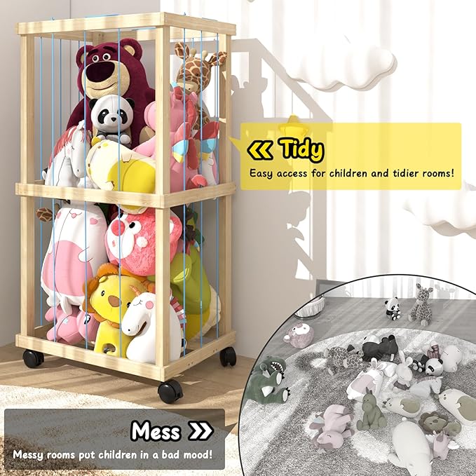 Stuffed Animal Zoo Storage Cage 35" Wood Large Stuffed Animal Storage Basket, PatioDeco Toy Storage for Big Small Stuffed Animals, Large Toy Organizer Holder for Kids Girls Boys