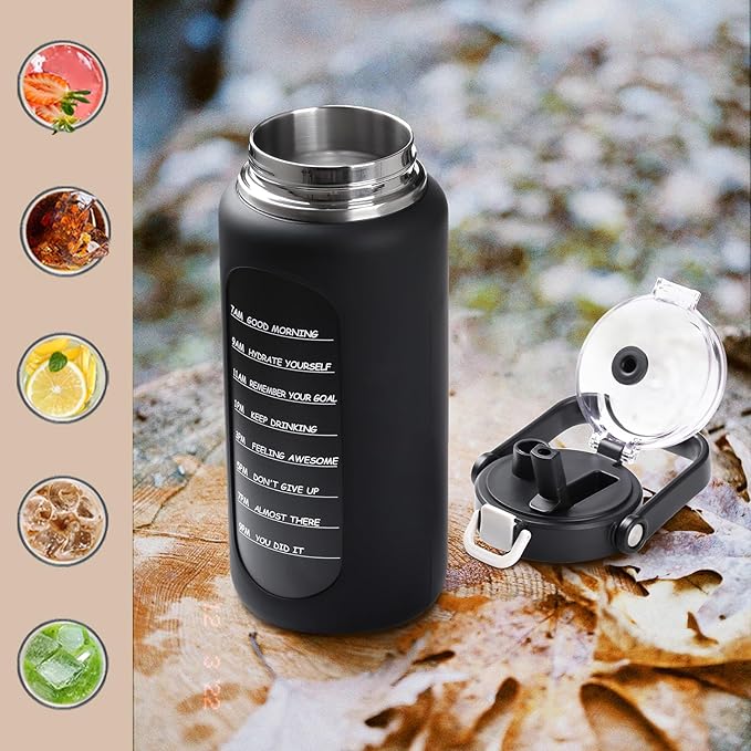 BLUEGO 64oz Insulated Water Bottle with Straw and Handle Leakproof Half Gallon Wide Mouth Motivational Water Bottle, 2-IN-1 Straw Spout Lid Stainless Steel Water Jug for Sport Travel Gym-Black