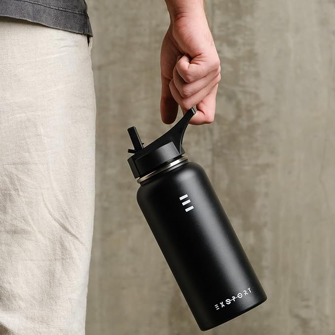 Stainless Steel Water Bottle - 32 Oz Water Bottle with Straw Lid, Coffee Lid, and Wide Mouth Lid - Double Insulated Water Bottle - Metal Water Bottle - Hot and Cold Insulated Thermos - (Black)