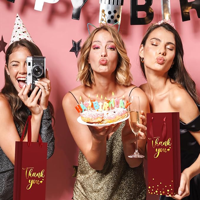 Ctosree 30 Pcs Wine Gift Bag for Wine Bottle Wedding Wine Thank You Gift Bag with Metallic Gold Foil Print Kraft Wine Paper Favor Bag with Attractive Rope Handle for Graduation Bottle(Burgundy)