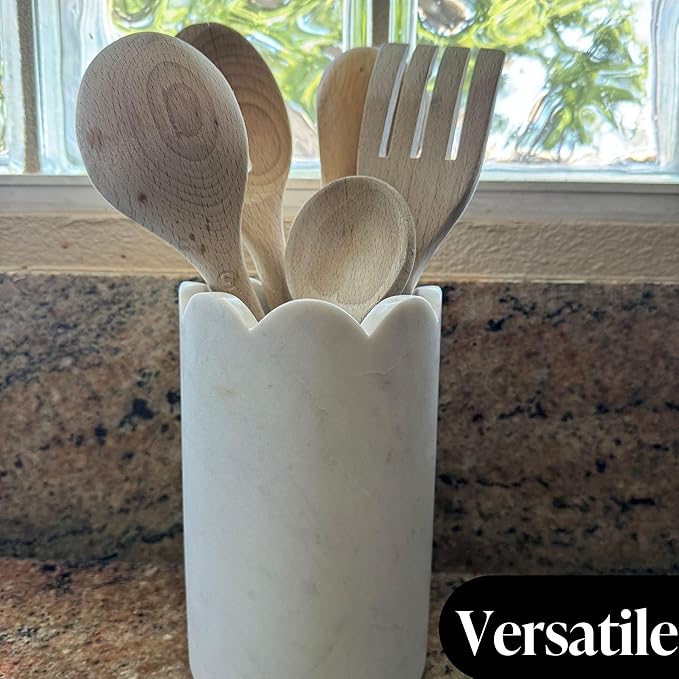 Scalloped Marble Wine Chiller - 750ml Wine Bottle Cooler & Chiller for Party, Bar Cart & Kitchen Decor Keeps Wine & Bottle Cold - Multi-Purpose Marble Utensil Holder for Kitchen Counter