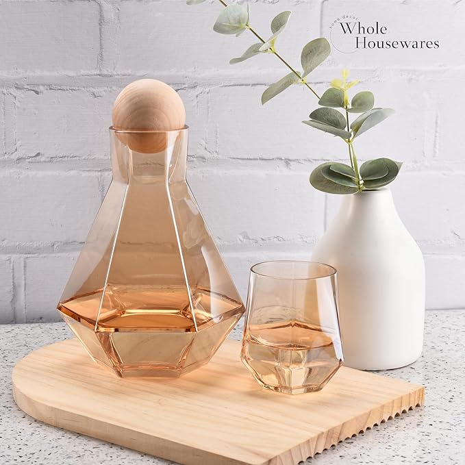 WHOLE HOUSEWARES Gold Diamond Inspired Wine Glasses Set of 5 - Red and White Wine Glasses - Large Bulbous Crystal Glass - Modern Diamond Wine Carafe with Cork Ball - Valentines Day Gifts