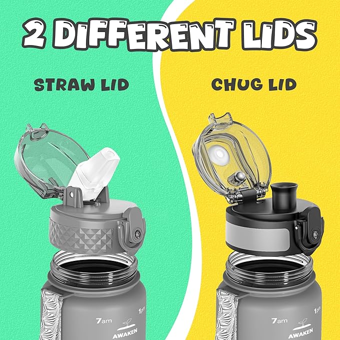 OLDLEY Kids Water Bottle for School, 17 oz (2 lids) BPA-Free Reusable Leak-proof Durable Tritan Plastic Water Bottles with Straw & Chug Lids, Anti-dust Spout Cover (Grey)