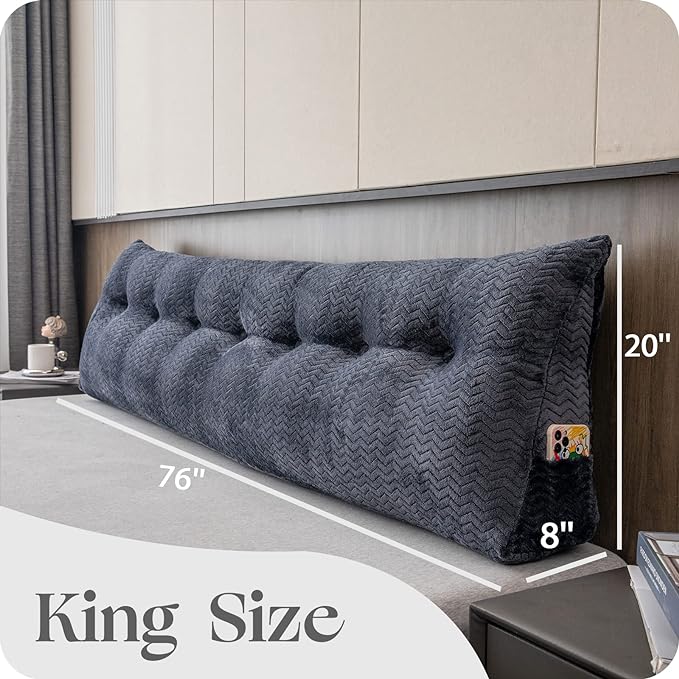 Large Bolster Triangular Headboard Wedge Backrest Positioning Support Bed Rest Reading Pillows Headboard Wedge Pillows for Day Bed Bunk Bed with Removable Cover, King (76x8x20 Inches)