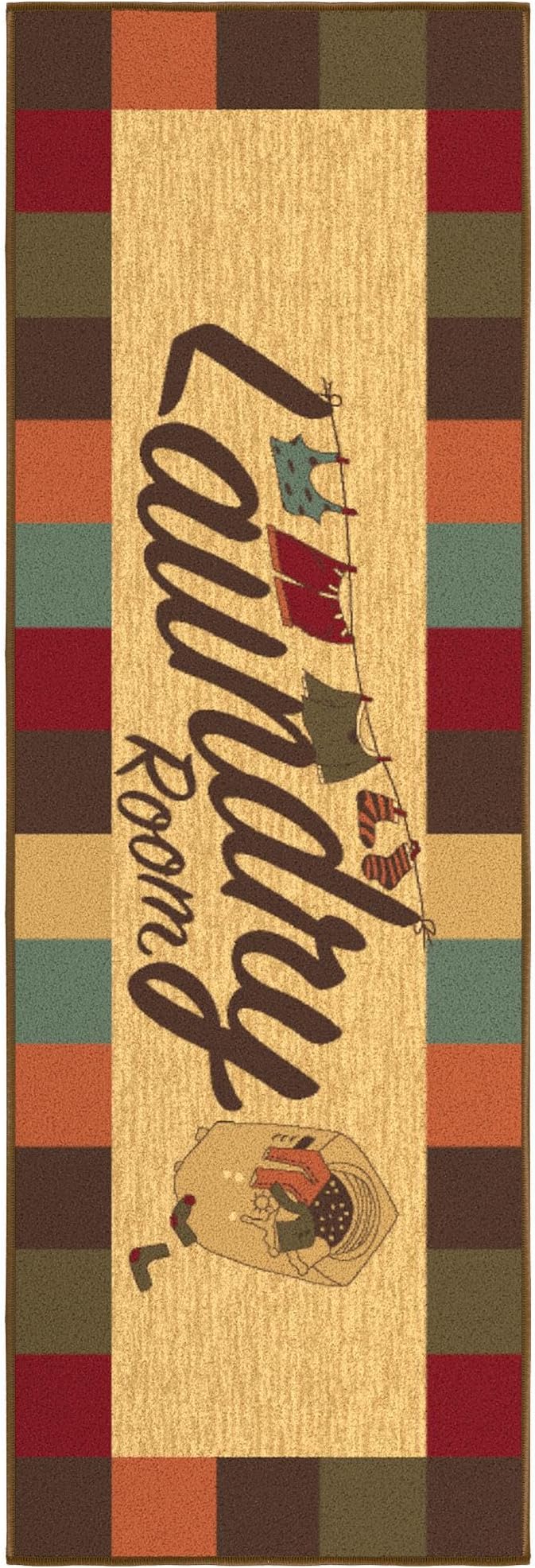 Ottomanson Laundry Collection Non-Slip Rubberback Checkered Border Design 2x5 Laundry Room Runner Rug, 20" x 59", Multicolor