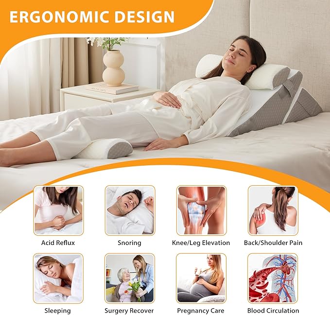 4PCS Orthopedic Bed Wedge Pillow Set for Sleeping, Wedge Pillow for Back Pain Relief, 10-in-1 Adjustable Bed Wedge Pillow Post Surgery, Triangle Pillow for Acid Reflux Snoring Gerd, White/Grey