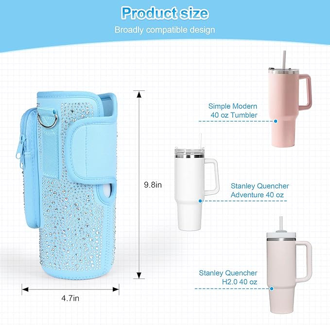 Bling Diamond Water Bottle Carrier Bag with Phone Pocket for Stanley 40/30 oz Tumbler with Card Holder,Neoprene Water Bottle Holder Pouch with Adjustable Strap for Stanley Cup Accessories