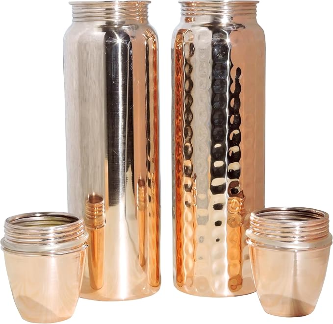 Set of Plain and Hammered Copper Water Bottle Thermos, 850 Ml (28.75 Fl Oz) UNLINED, UNCOATED and LACQURED-FREE for Ayurveda Health Benefits