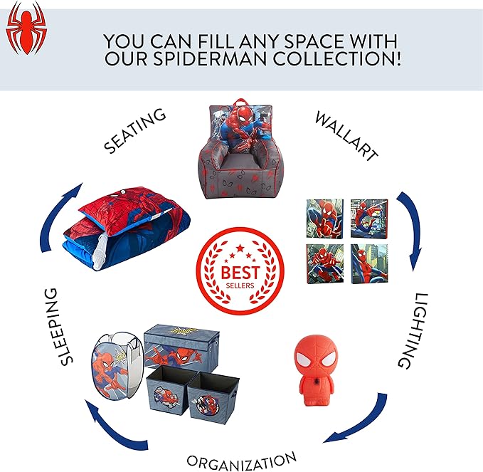 Idea Nuova Marvel Spiderman Toddler Nylon Bean Bag Chair with Piping & Top Carry Handle, Large