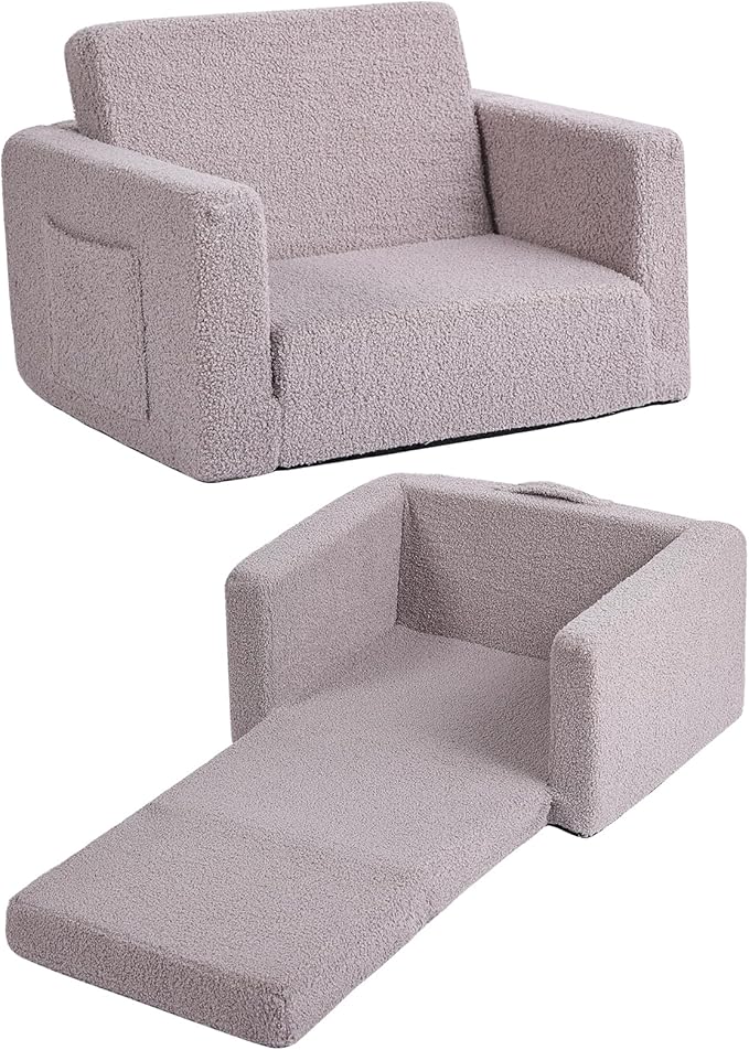 Tiita Kids Sofa, 2-in-1 Kids Sofa Chair, Convertible Children Couch to Lounger, Flip Out Kids Sofa Chair, Toddler Armrest Chair Bed, Folding Kids Play Sofa for Girl or Boy (Grey)
