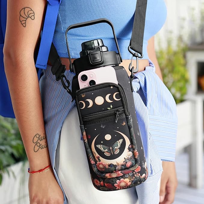 Moon Butterfly Flower Half Gallon Water Bottle with Sleeve, 64 Oz Water Bottle with Measurements Marked, Leakproof-Free Drinking Water Bottle, Sports Water Bottle BPA Free Half Gallon Water Jugs