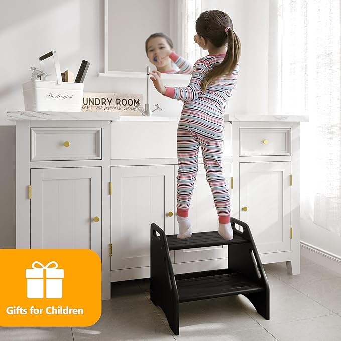 AMBIRD Wooden Step Stool, Two Step Stools 300 lbs Capacity with Safety Non-Slip Pads and Handles, Bamboo Step Stool for Bathroom, Kitchen Step Stools Dual Height Step Stools for Adults (Black)