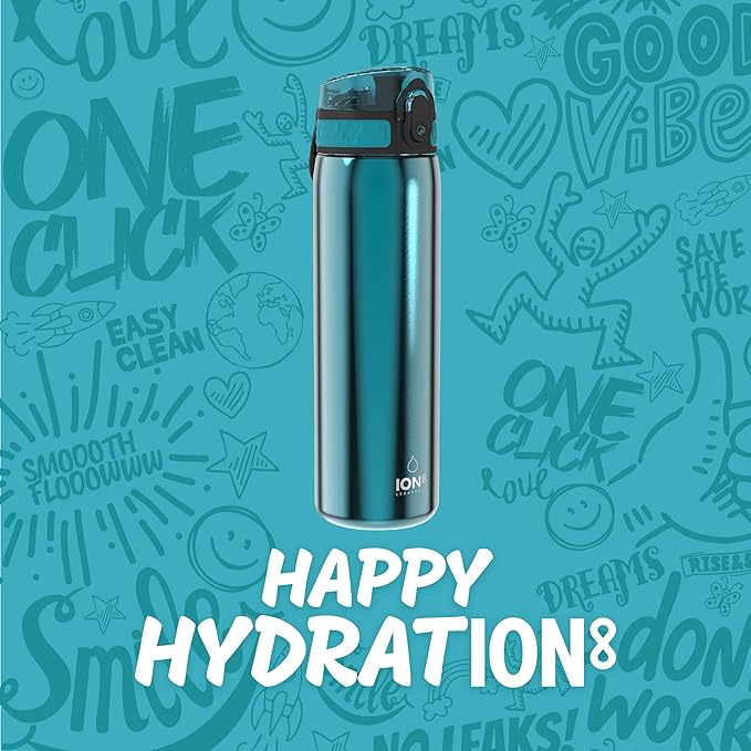 Ion8 Steel Water Bottle, 600 ml/20 oz, Leak Proof, Easy to Open, Secure Lock, Dishwasher Safe, Hygienic Flip Cover, Fits Cup Holders, Carry Handle, Durable, Carbon Neutral, Metallic Aqua