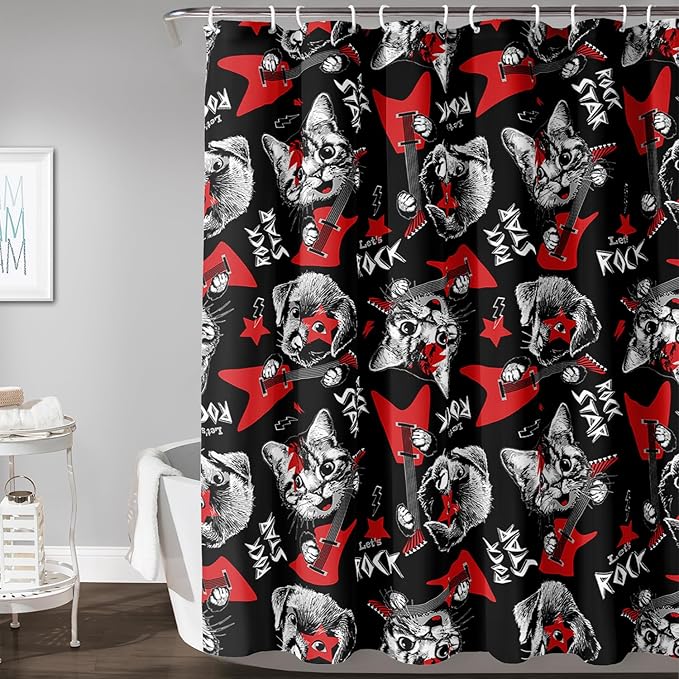 AILONEN Kitten and Puppy Shower Curtain,Rock Kitten Puppy Bath Curtains for Kids Boys Girls,Animal Polyester Waterproof with 12 Plastic Hooks 72" W*72" H