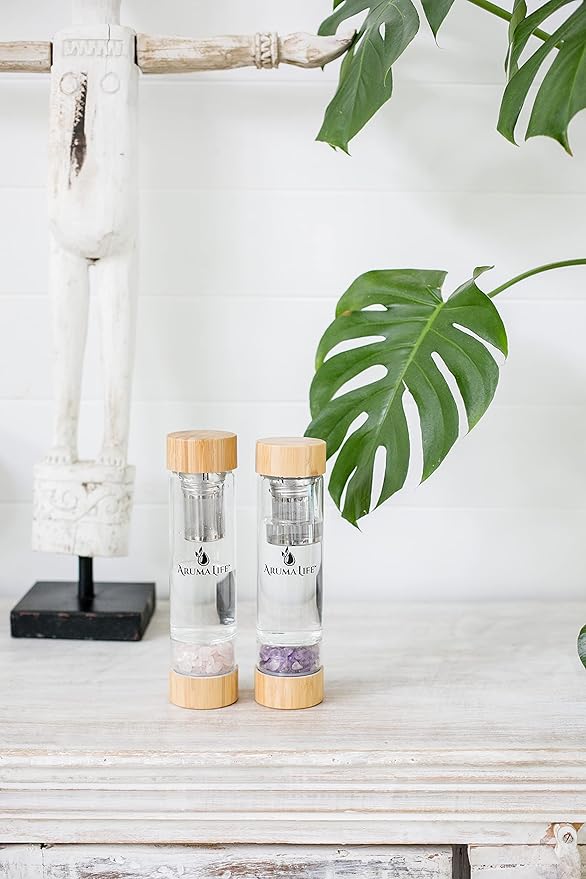 Crystal Water Bottle with a Loose-Leaf Tea/Fruit Infuser, Safe for Hot and Cold Drinks, Eco-friendly & Plus BONUS Protective Sleeve & Extra Set of Crystals Amethyst & Rose Quartz