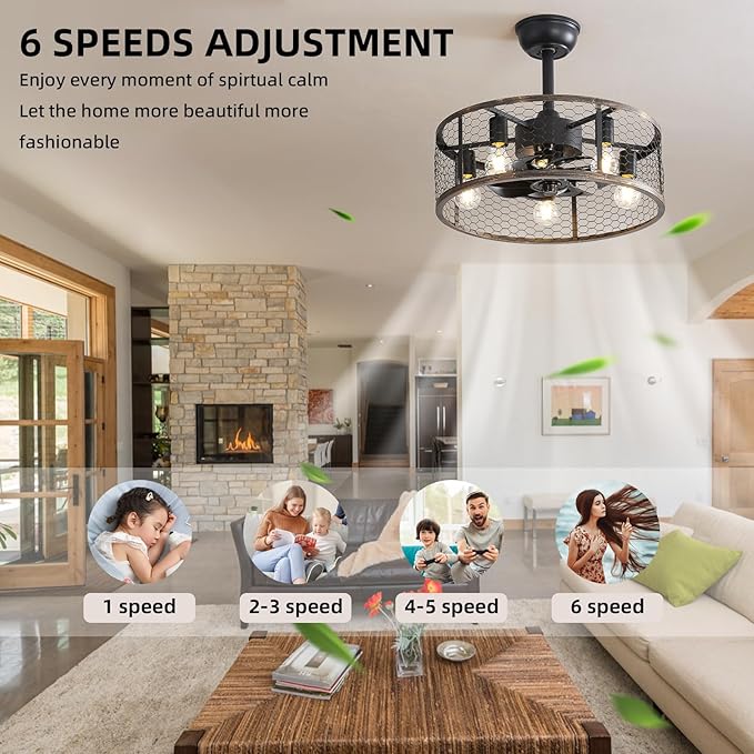 20" Caged Ceiling Fans with Lights and Remote & APP Control,E26 2700K Warm Lighting,6 Wind Speeds with Reverse Mode.Retro Chandeliers for Dining Room with Fan (Black)