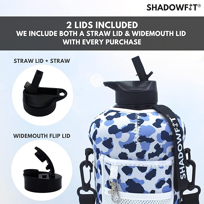 Half Gallon Water Bottles (74 ounce, 2.2 Liter) with Straw Lid Handle and Storage Sleeve - Large Jug Holder with Strap for Drinking during Workout and Exercise