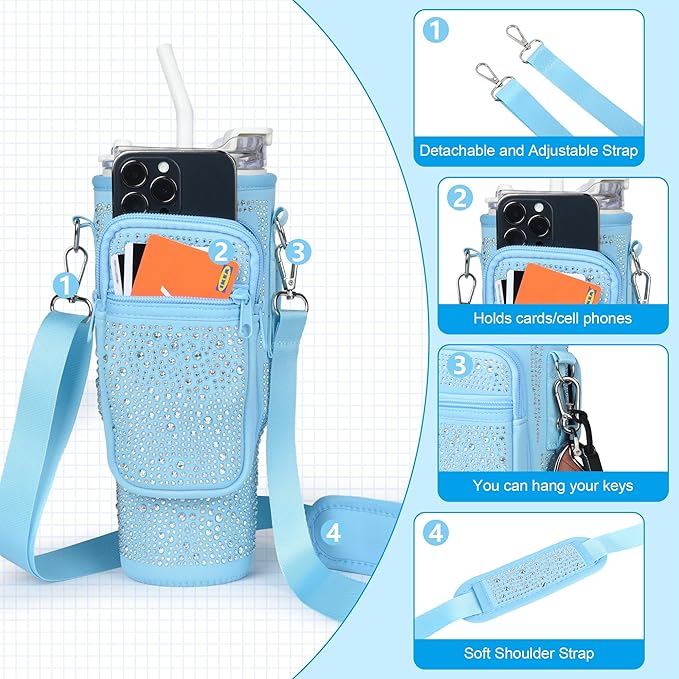 Bling Diamond Water Bottle Carrier Bag with Phone Pocket for Stanley 40/30 oz Tumbler with Card Holder,Neoprene Water Bottle Holder Pouch with Adjustable Strap for Stanley Cup Accessories