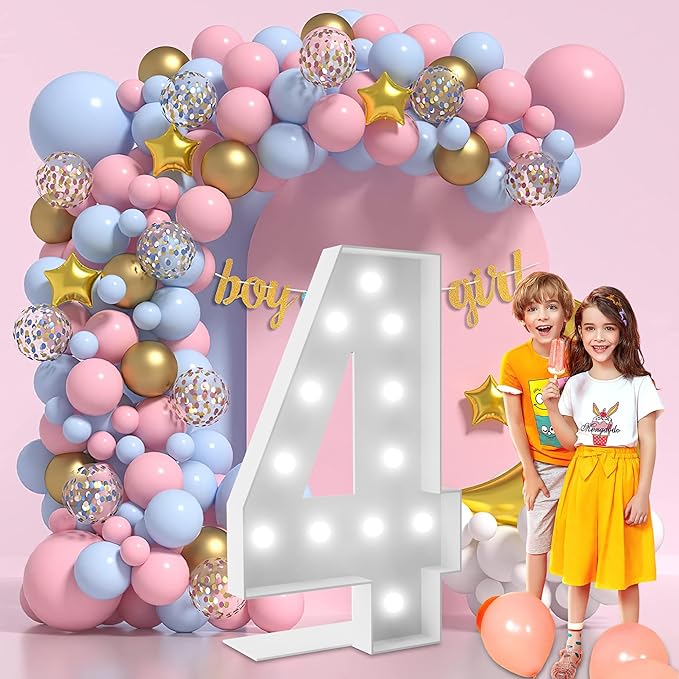 4FT Marquee Light Up Numbers Marquee Numbers 4, Multiple Color Options Including Cool White Pink Blue & Colorful, NO Glue Gun Needed, Birthday Decorations