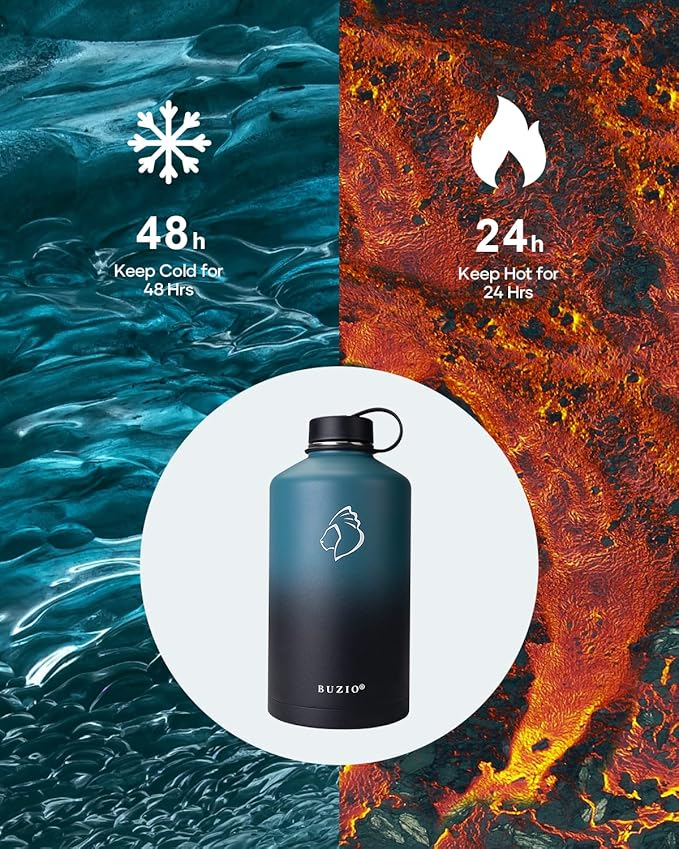 BUZIO 1 Gallon Water Jug with Straw Lid, 128oz Water Bottle Stainless Steel Double Wall Hydro Jug Water Flask 18/8 Food Grade Thermo Mug Keep Cold 48H & Hot 24H, Indigo Crush