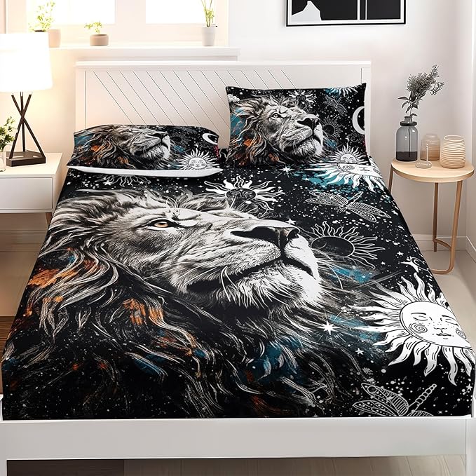 AILONEN Lion Print Twin Size Fitted Sheet Set for Boys, Sun and Moon Bed Sheet Cover Set Twin,3 Pieces Black and White Sheet Set Twin Galaxy Lion Fitted Sheet with 2 Pillowcases