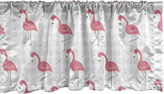 Ambesonne Pink Flamingo Window Valance, Cartoon Birds on Pastel Colored Checkered Background Wild Nature, Curtain Valance for Kitchen Bedroom Decor with Rod Pocket, 54" X 18", Coral Grey