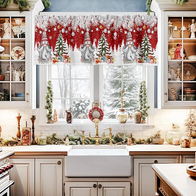 Christmas Gnome Valance Curtains for Kitchen Windows Winter Merry Christmas Tree Balls Rod Pocket Window Treatment Toppers for Kitchen/Living Room/Bedroom/Bathroom, 60" X 18", Red