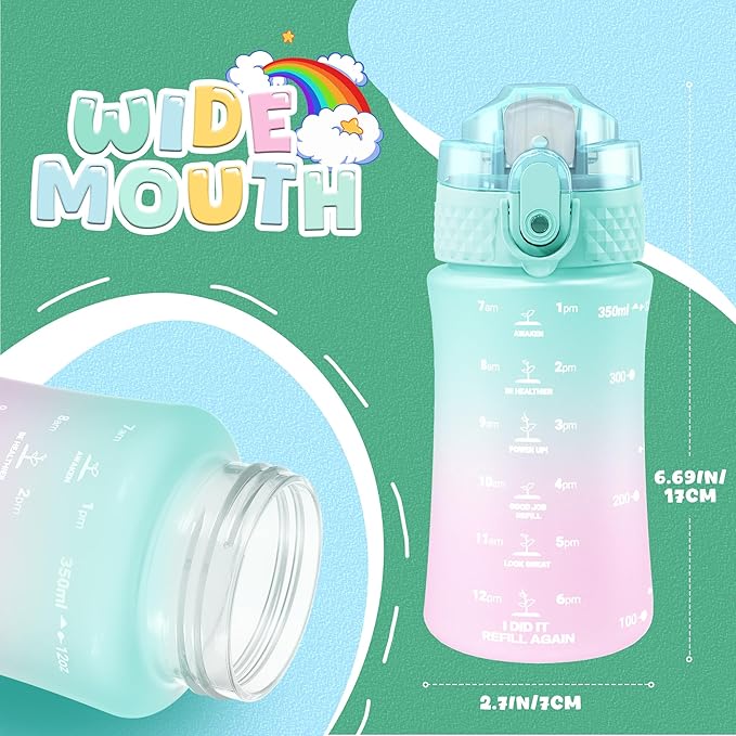 OLDLEY Kids Water Bottle for School, 12 oz (2 lids) BPA-Free Reusable Leak-proof Durable Tritan Plastic Water Bottles with Straw & Chug Lids, Anti-dust Spout Cover (Mintpink)