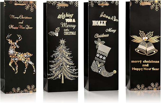 RAZKO Christmas Wine Gift Bags - Set of 12 - Gold Foil Wine Bags, 4 Christmas Patterns (5 x 14 x 3 in) -Heavy Duty Wine Gift Bags for Wine Bottles - Wine Bottle Gift Bags Bulk Black&Gold Color