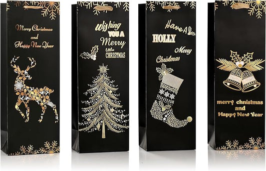 RAZKO Christmas Wine Gift Bags - Set of 12 - Gold Foil Wine Bags, 4 Christmas Patterns (5 x 14 x 3 in) -Heavy Duty Wine Gift Bags for Wine Bottles - Wine Bottle Gift Bags Bulk Black&Gold Color