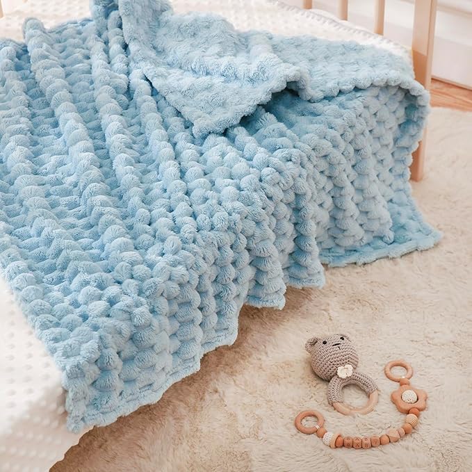 HOMRITAR 4 Pcs Baby Blanket for Unisex 3D Flannel Fleece Fluffy Blanket for Baby Soft Plush Breathable Bed Blanket for All Season Toddler Infant or Newborn 30 x 40 Inch (2 Pcs Blue, 2 Pcs Cream)