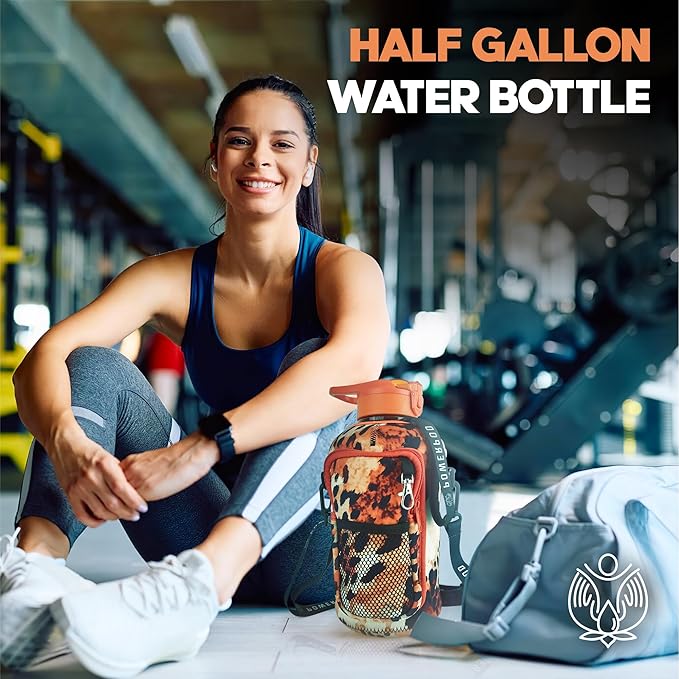 Motivational Half Gallon Water Bottle (74oz, 2.2L) Sports Water Jug + Storage Sleeve, Silicone Straw, Adjustable Carrying Strap - Reusable Water Bottle- BPA Free Water Bottle-Red Leopard