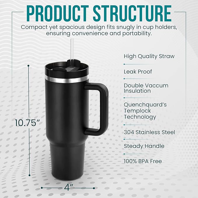 Generic Cup Inspired 40oz Insulated Water Tumbler with Handle & Straw - Vacuum Sealed Travel Mug for Hot & Cold Drinks, Ideal for Office & Home (Black)