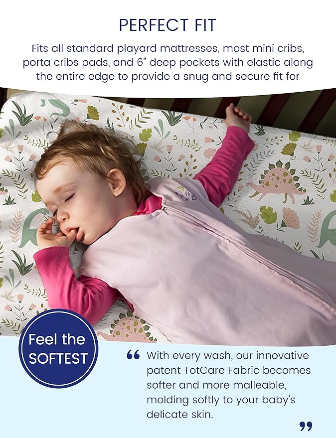 TotAha Pack and Play Sheets Fitted, Buttery Soft Dinosaur Mini Crib Sheets Boy, Stretchy Graco Pack n Play Mattress Sheet, 2-Pack Universal Fit Playard Mattress Cover, All-Season Jersey-Knit