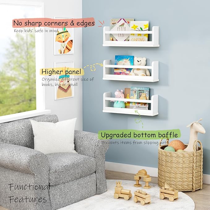 White Nursery Floating Bookshelves for Kids Room Wall Decor, Montessori Bookshelf and Corner Book Shelves for Bedroom, Spice Rack Shelf Organizer for Cabinet Small Spaces (Set of 3)
