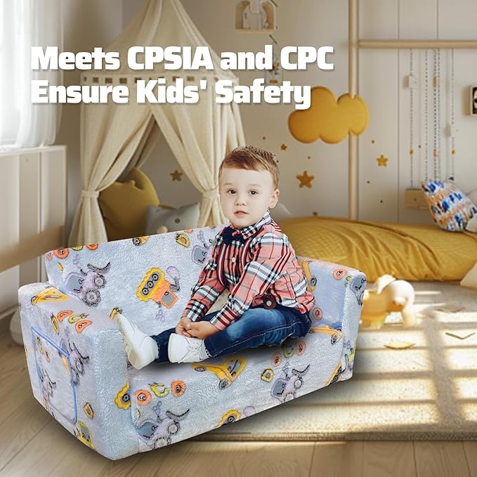 Kids Sofa, Glow in The Dark Toddler Chairs Children's Extra Wide Convertible Sofa to Lounger - Extra Soft 2 Seats 2 in 1 Flip Open Chair & Sleeper, Toddler Couch, Kids Sofa Bed