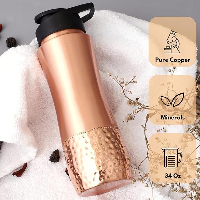 Pure Copper Water Drinking Bottle with Sipper - Copper Hammered Ayurvedic Vessel For Drinking - Drink More Water, Reduce Sugar Intake - Ayurveda Health Benefits - 34 Oz