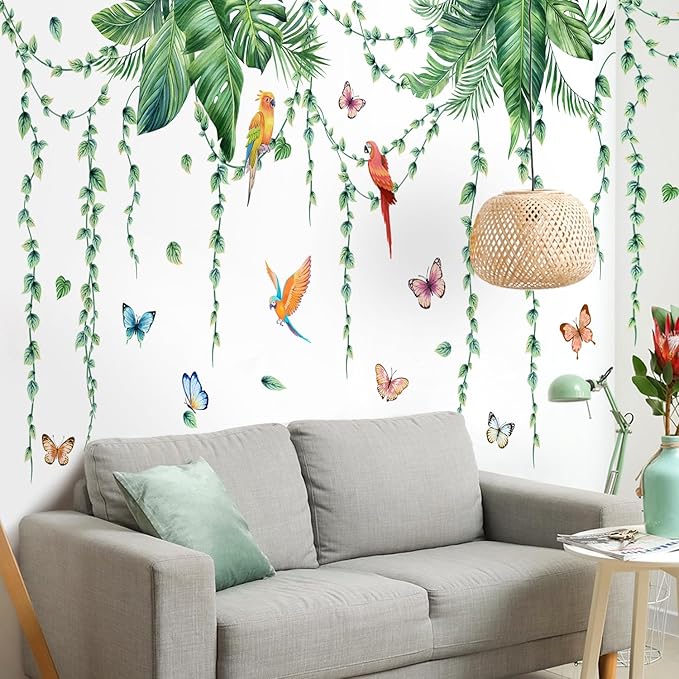 Removable Tropical Leaves Wall Decals Vinyl Hanging Vines Green Plants Wall Stickers Peel and Stick Jungle Safari Mural Art Decor for Nursery Classroom Bedroom Office Sofa Background
