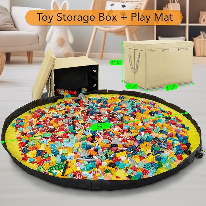 Toy Storage Box + Play Mat for Kids Toy Chest Organizer Kids Toy Storage Organizer Foldable Big Storage Bins with Lids Large Toy Box for Boys Girls Toy Holders for Kids Rooms Nursery (Beige)
