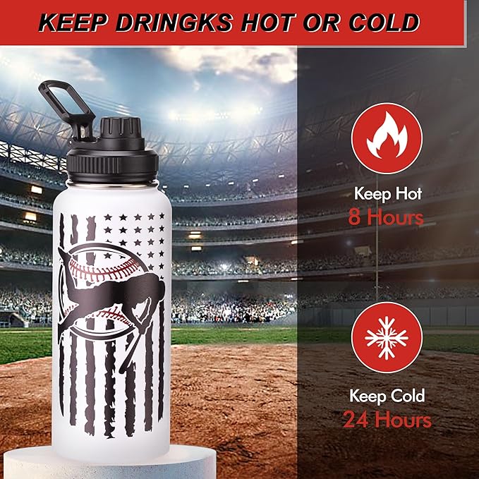 Cutiset 32 oz Baseball Water Bottle with Lids, Stainless Steel Leak Proof Sports Water Flask, Vacuum Metal Water Bottle,Baseball Player